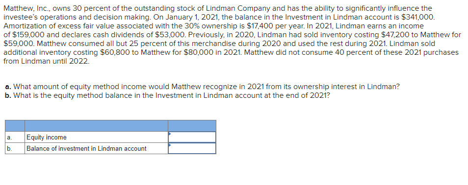 Solved Matthew, Inc., owns 30 percent of the outstanding | Chegg.com