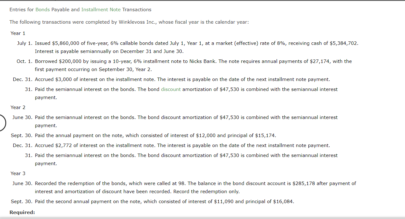 Solved Entries For Bonds Payable And Installment Note | Chegg.com