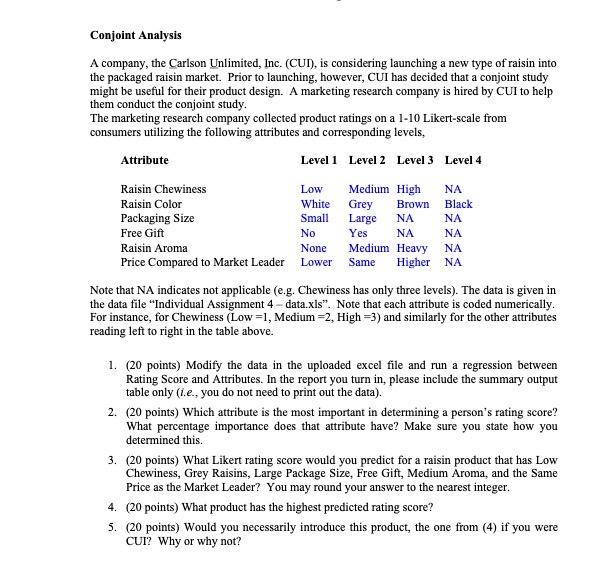 Conjoint Analysis A company, the Carlson Unlimited, | Chegg.com
