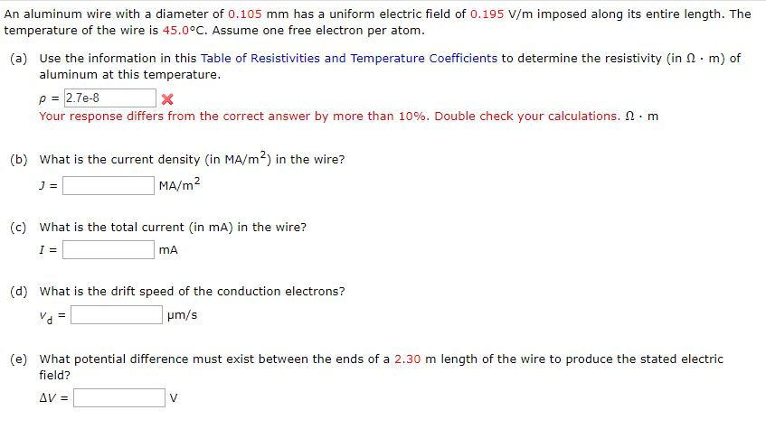Solved An aluminum wire with a diameter of 0.105 mm has a | Chegg.com