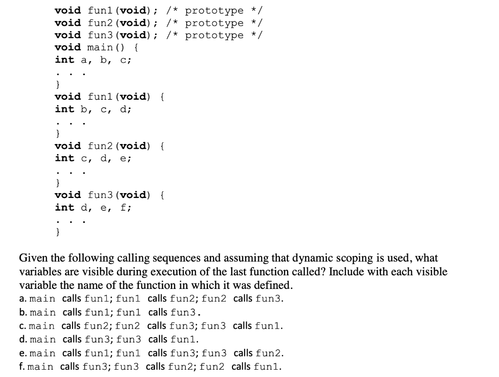 Solved void funl (void); prototype void fun2 (void); /* | Chegg.com