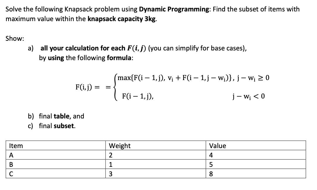 Solved Solve The Following Knapsack Problem Using Dynamic Chegg Com