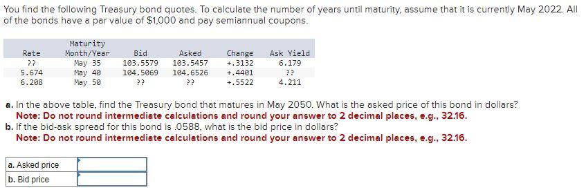 Solved You find the following Treasury bond quotes. To | Chegg.com