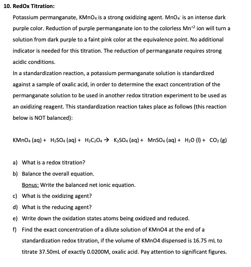 Solved 10. Redox Titration Potassium permanganate, KMnO4 is