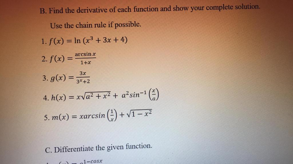 Solved B. Find the derivative of each function and show your | Chegg.com