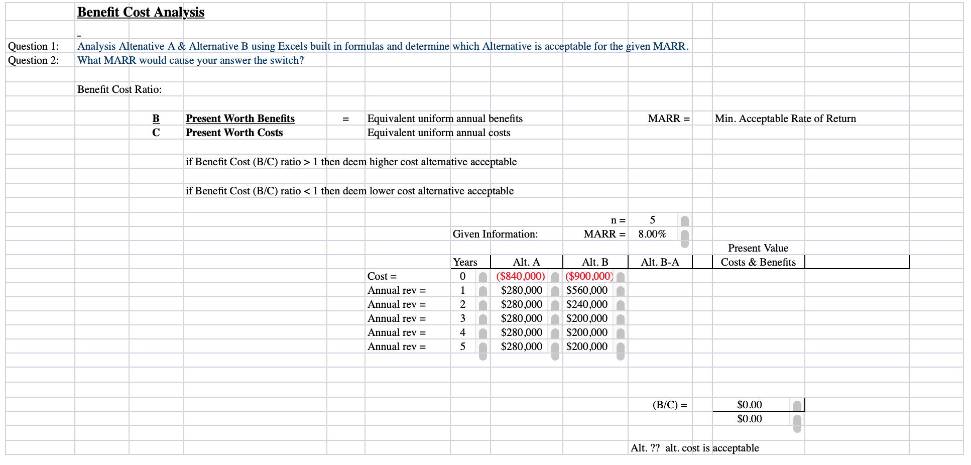 Benefit Cost Analysis Analysis Altenative A &
