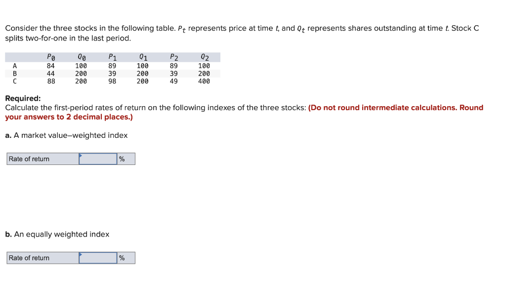 Solved Consider the three stocks in the following table. Pt | Chegg.com