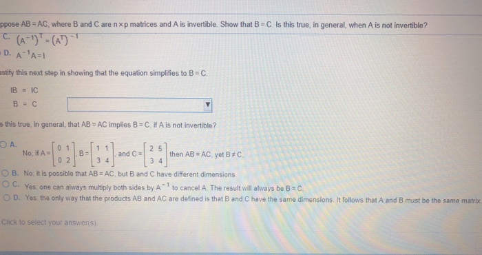 Solved Suppose AB AC, where B and C are nxp matrices and A | Chegg.com