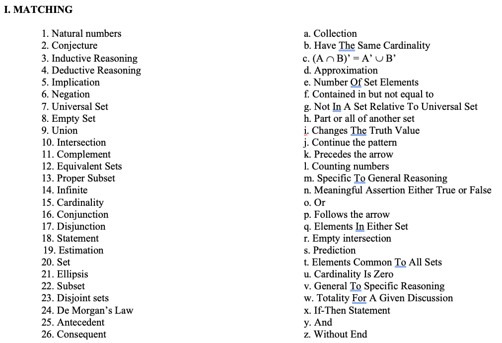 Solved I. MATCHING 1. Natural numbers 2. Conjecture 3. | Chegg.com