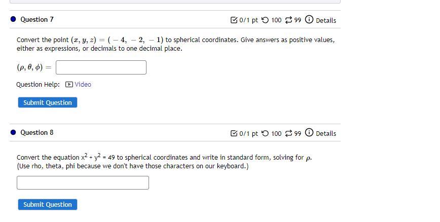 Solved Convert the point (x,y,z)=(−4,−2,−1) to spherical | Chegg.com