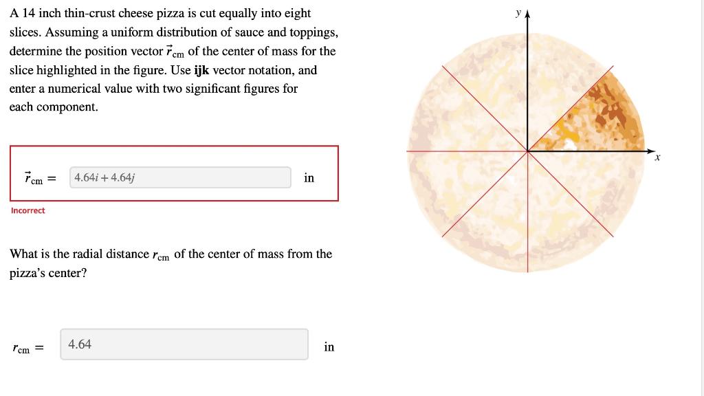 A 14 inch thin-crust cheese pizza is cut equally into eight slices. Assuming a uniform distribution of sauce and toppings, de