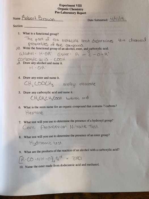 Solved Experiment VIII Organic Chemistry PreLaboratory