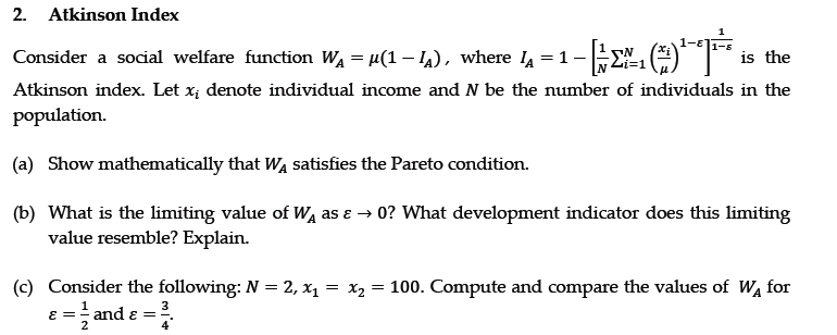 2. Atkinson Index Wa u 1 W where In 1 x207 Chegg