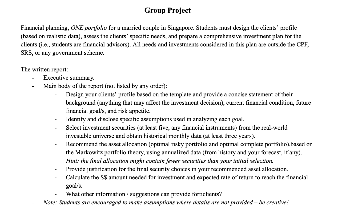 Group Project Financial planning, ONE portfolio for a | Chegg.com