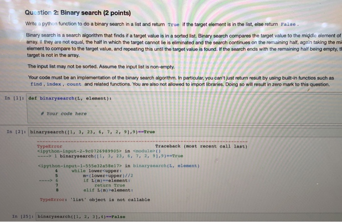 Solved Question 2: Binary search (2 points) Write a python | Chegg.com
