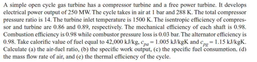 Solved A simple open cycle gas turbine has a compressor | Chegg.com