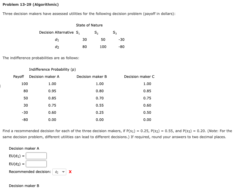 Solved Problem 13-29 (Algorithmic) Three decision makers | Chegg.com