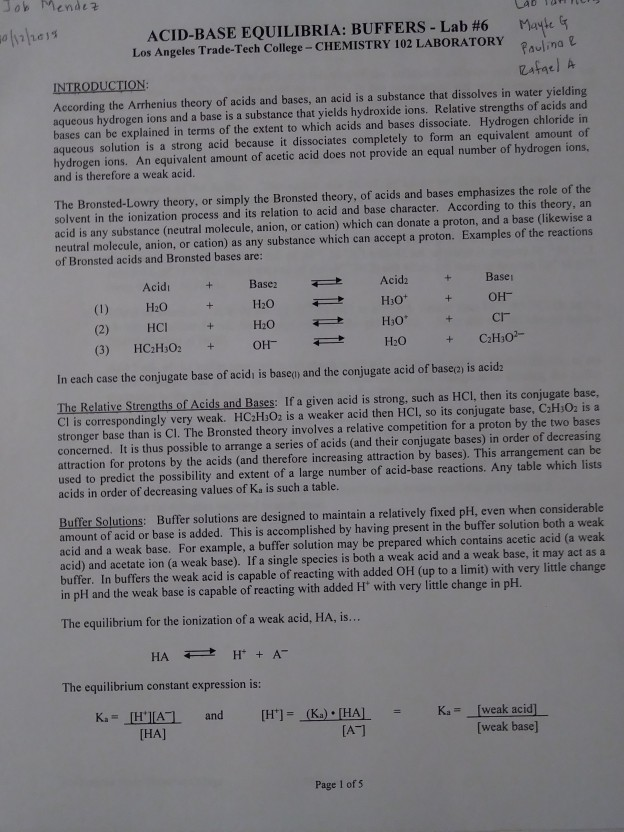 Solved Jo Mende? ACID-BASE EQUILIBRIA: BUFFERS-Lab #6 Los | Chegg.com