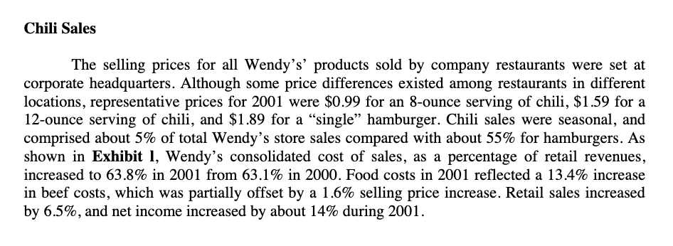 Costing The Chili Wendy's Chili Was Prepared Daily By | Chegg.com