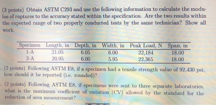 Solved (3 points) Obtain ASTM C293 and use the following | Chegg.com