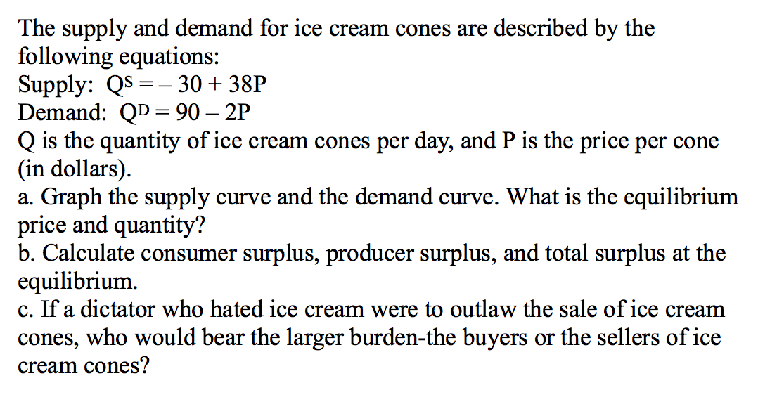 Solved The supply and demand for ice cream cones are