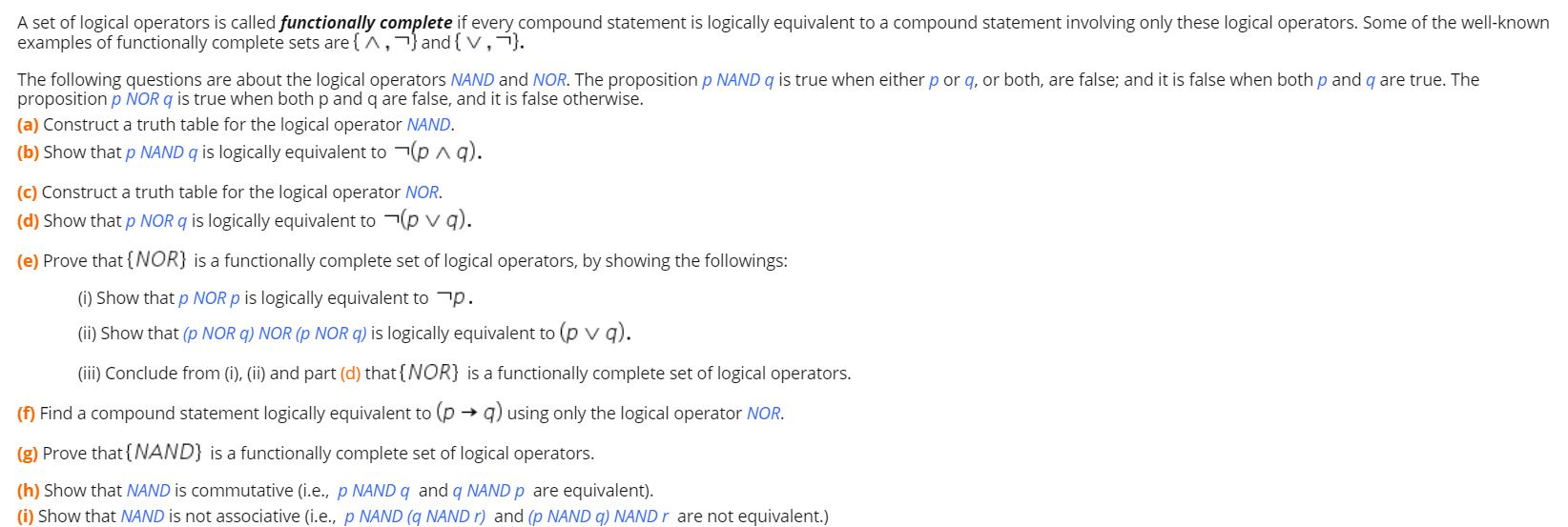 Solved A set of logical operators is called functionally