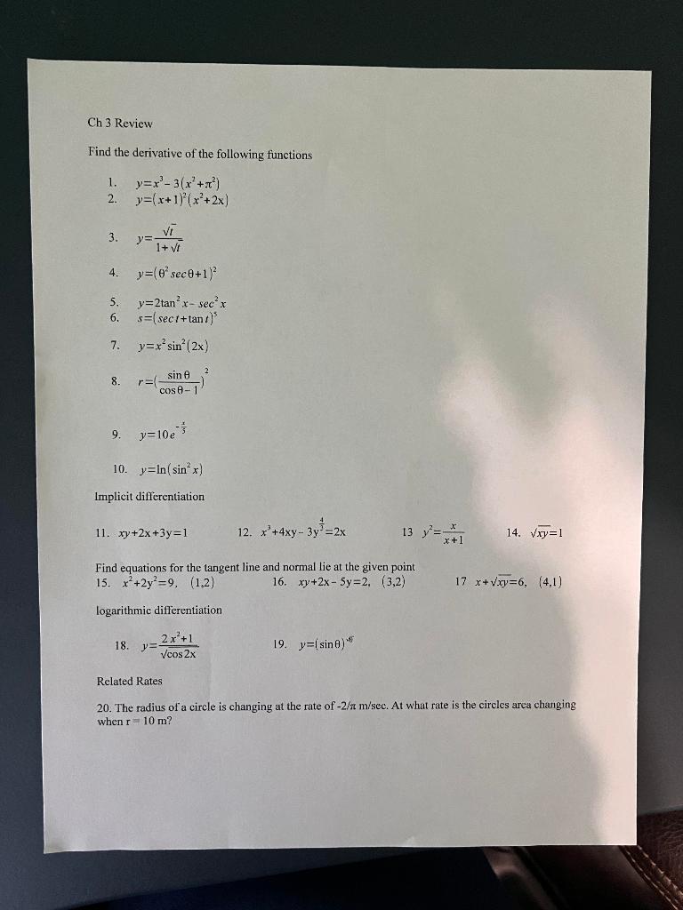 Solved Ch 3 Review Find the derivative of the following | Chegg.com