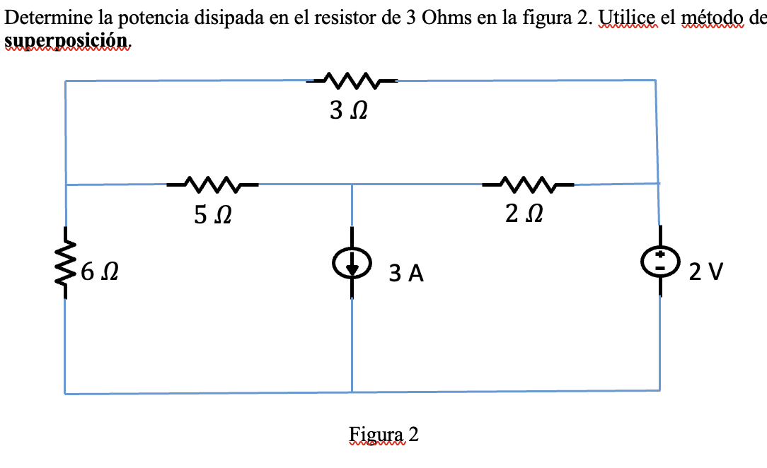 Determine la potencia disipada en el resistor de 3 Ohms en la figura 2. Utilice el método de superposición, 3 Ω -- 2 Ω 5 Ω 6