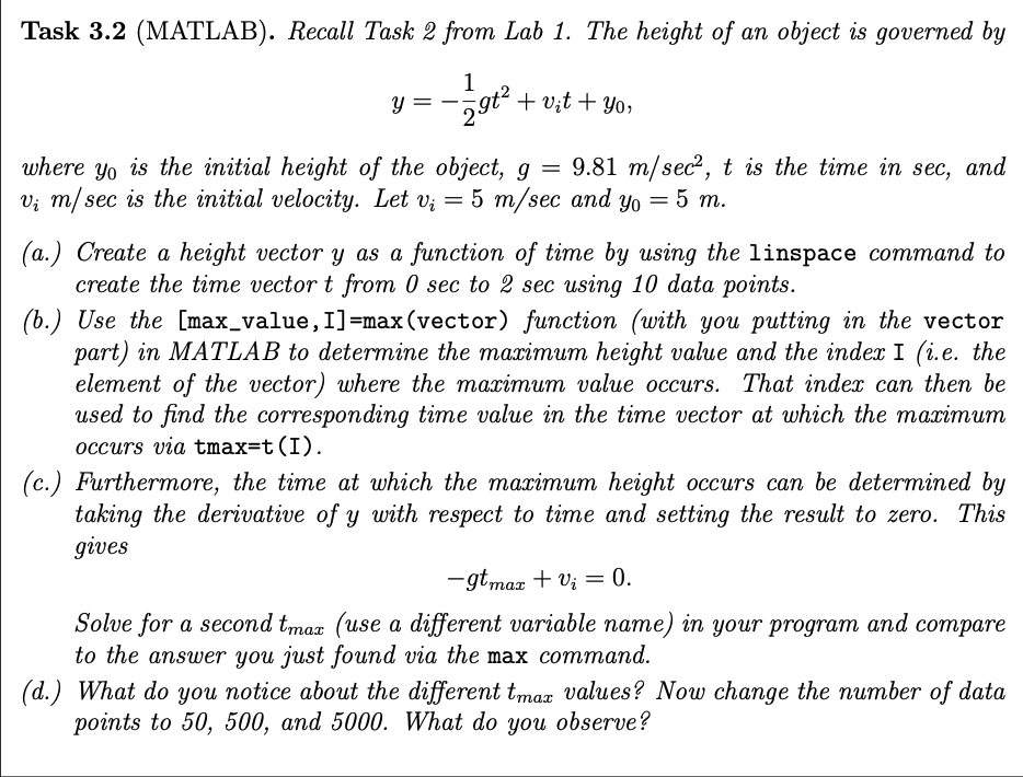 Solved Task 3.2 (MATLAB). Recall Task 2 from Lab 1. The | Chegg.com