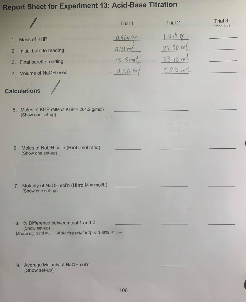 Report Sheet For Experiment 13 Acid Base Titration Chegg 