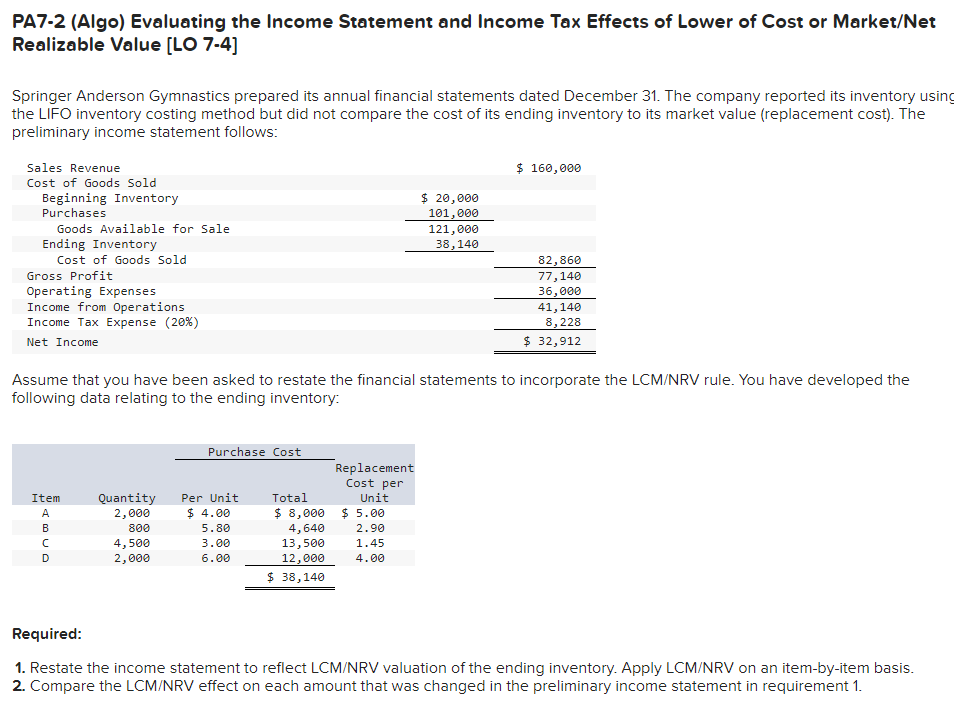 Solved PA7-2 (Algo) Evaluating the Income Statement and | Chegg.com