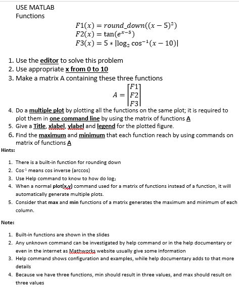 Solved USE MATLAB Functions F1(x) = round_down((x - 5)) | Chegg.com
