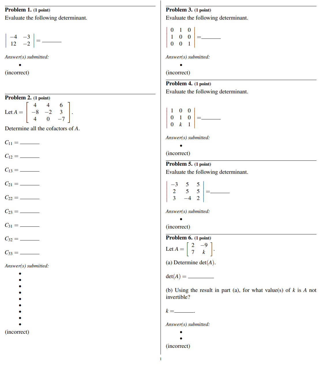 Solved Problem 1. (1 point) Evaluate the following | Chegg.com
