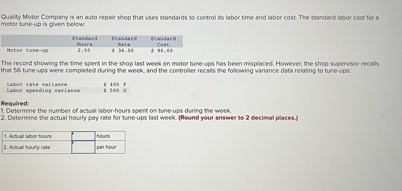 Solved Quality Motor Company is an auto repair shop that