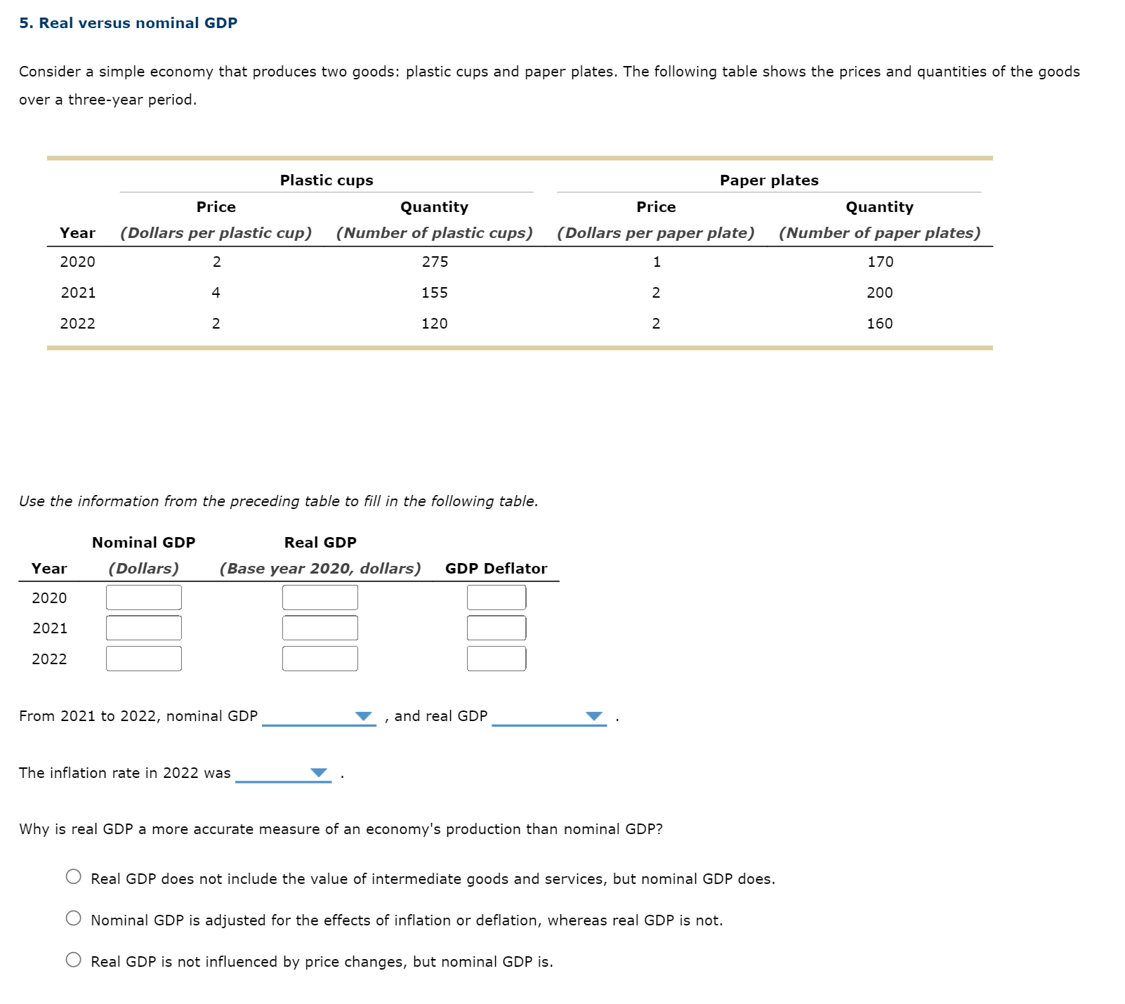 Solved 5. Real versus nominal GDP Consider a simple economy
