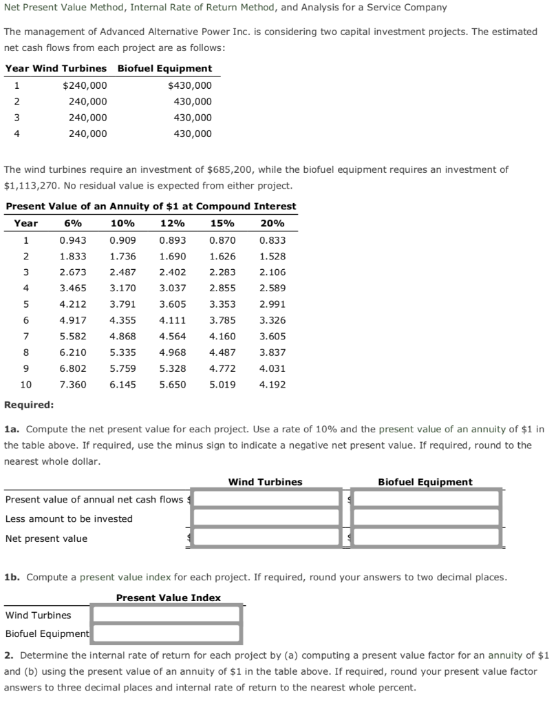 Solved Net Present Value Method, Internal Rate of Return | Chegg.com