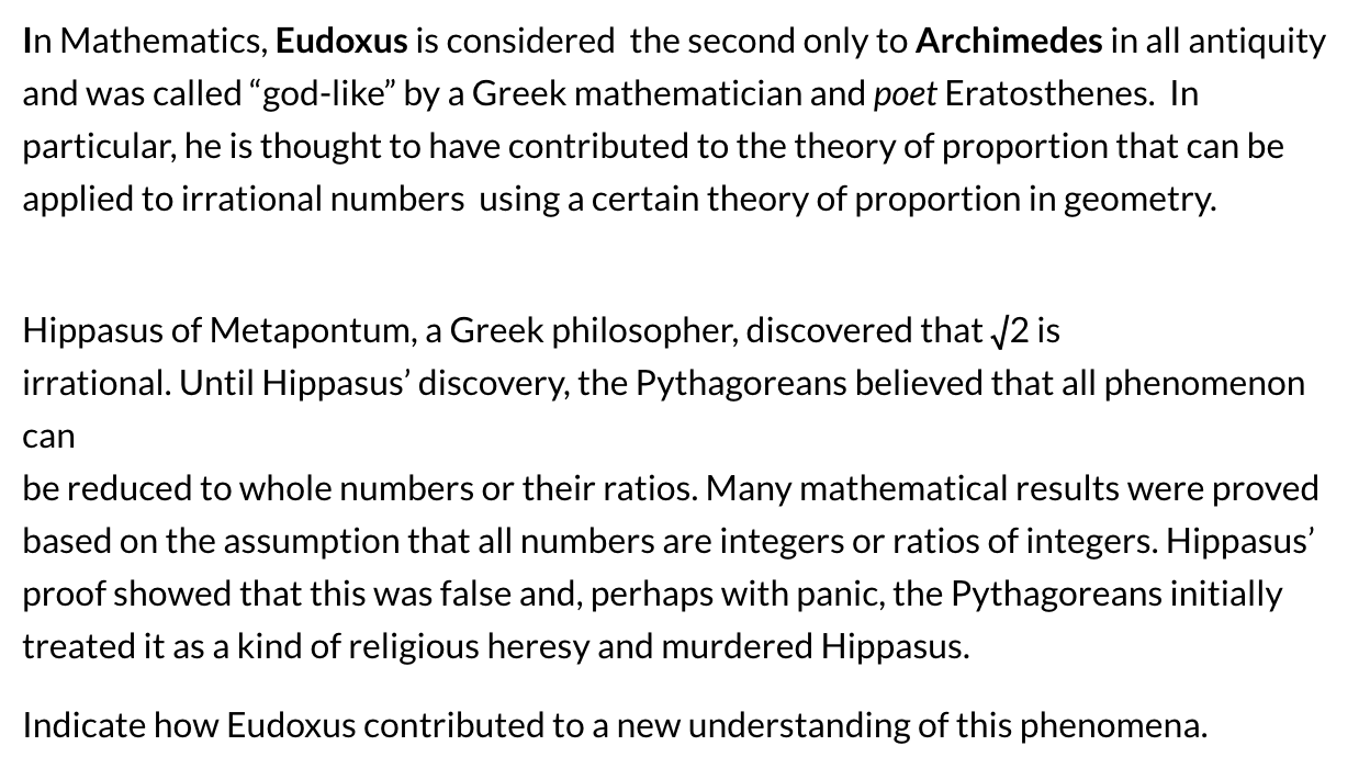 Solved In Mathematics, Eudoxus is considered the second only | Chegg.com
