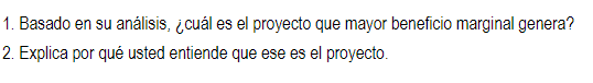 1. Basado en su análisis, ¿cuál es el proyecto que mayor beneficio marginal genera? 2. Explica por qué usted entiende que ese