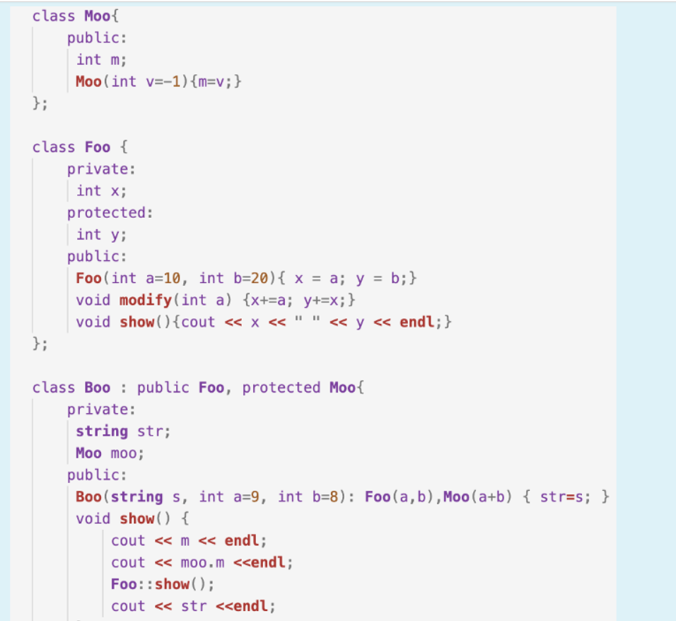 Solved class Moo{ public: int m; Moo(int v=-1){m=v;} }; | Chegg.com