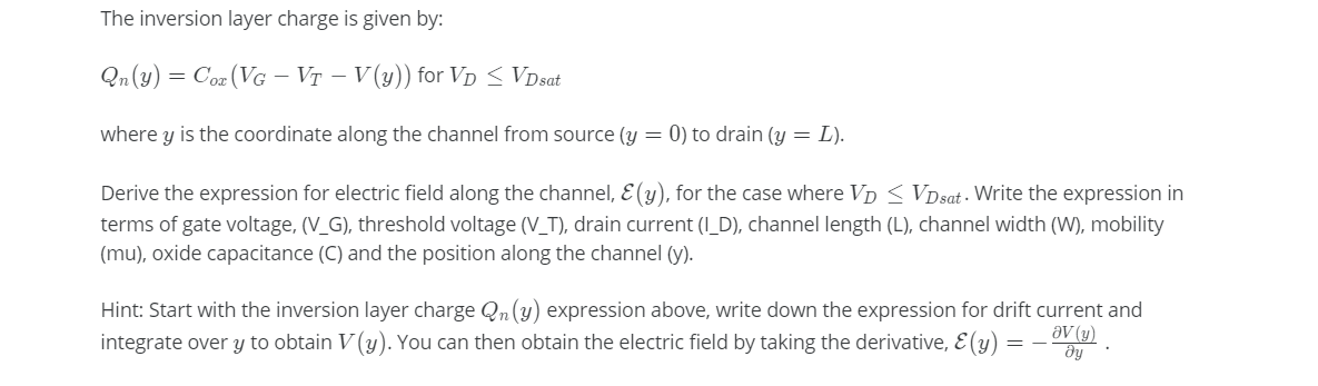 Solved The Inversion Layer Charge Is Given By Qn Y Cox Chegg Com