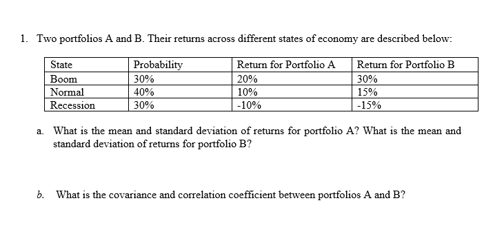 Solved 1. Two Portfolios A And B. Their Returns Across | Chegg.com