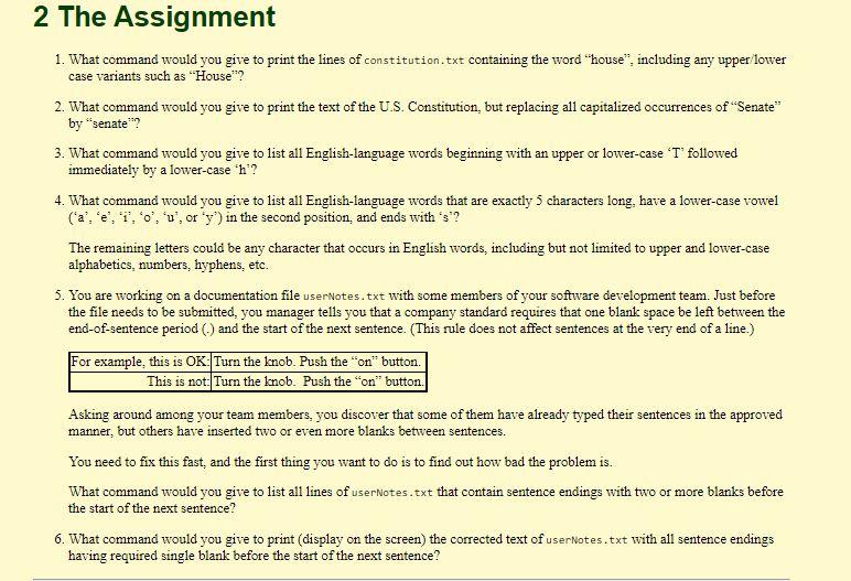 Solved 2 The Assignment 1. What command would you give to | Chegg.com