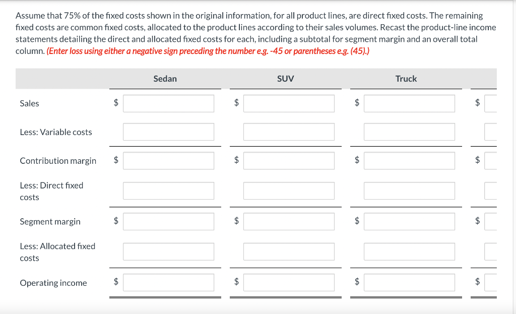 Solved Assume that 75 of the fixed costs shown in the