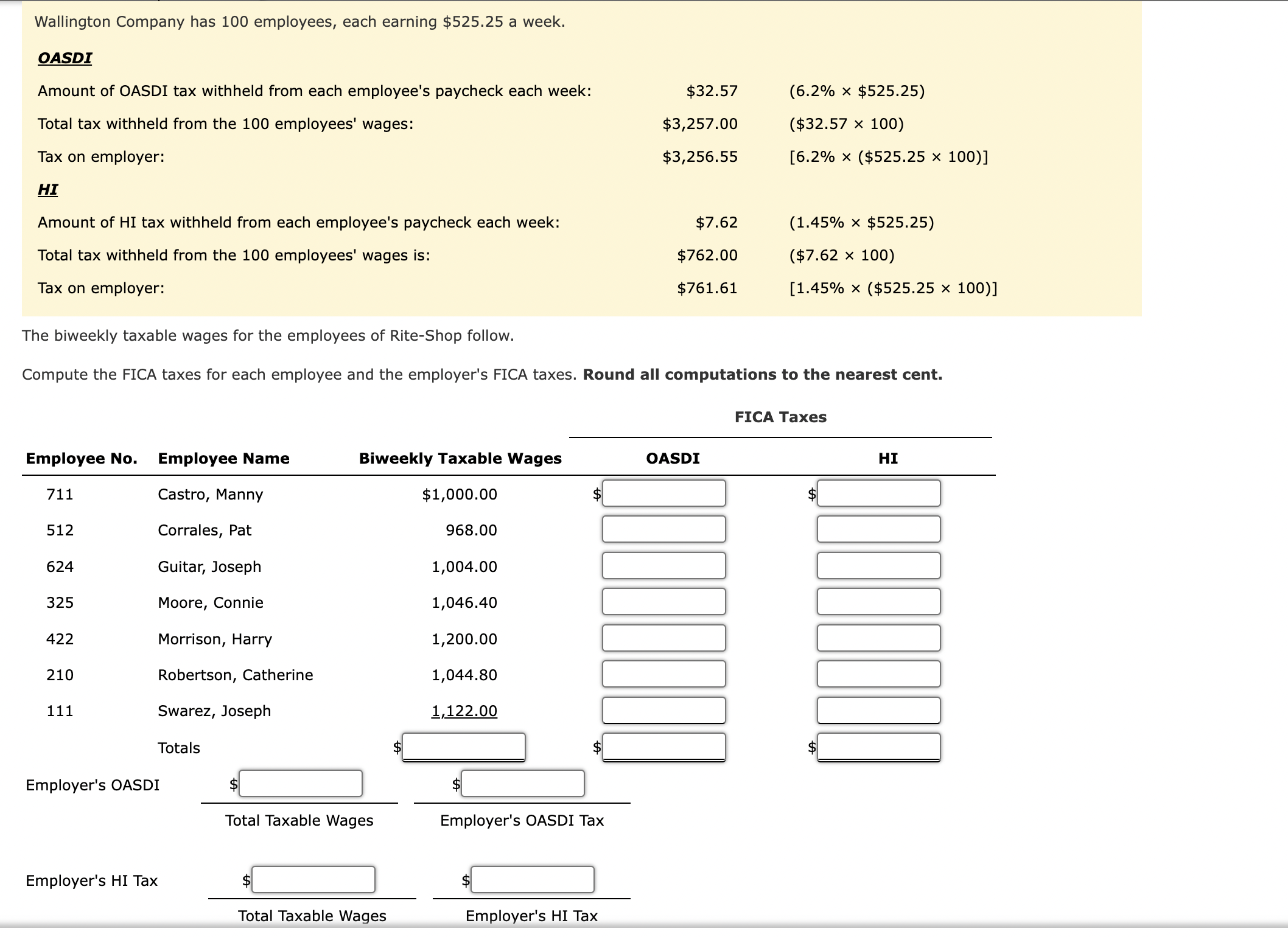 Solved The biweekly taxable wages for the employees of