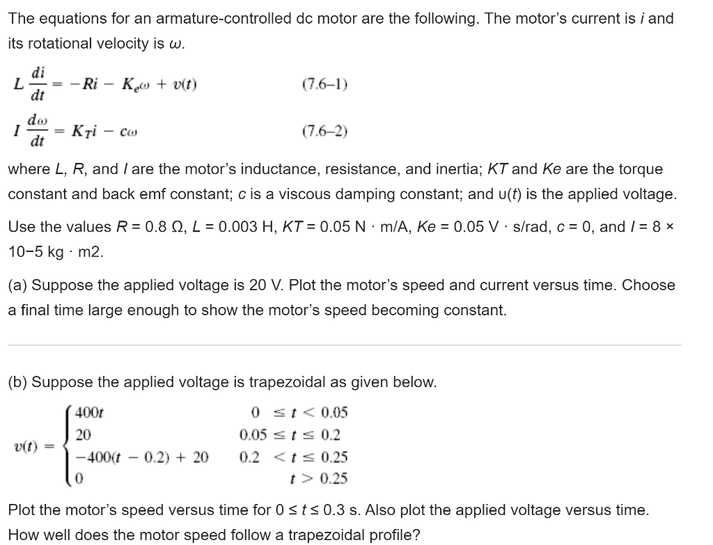 Solved The equations for an armature-controlled dc motor are | Chegg.com