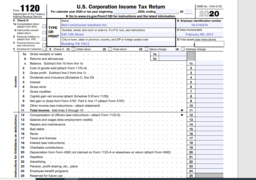 Tax Return Problems - Corporation Tax Return: Fall | Chegg.com