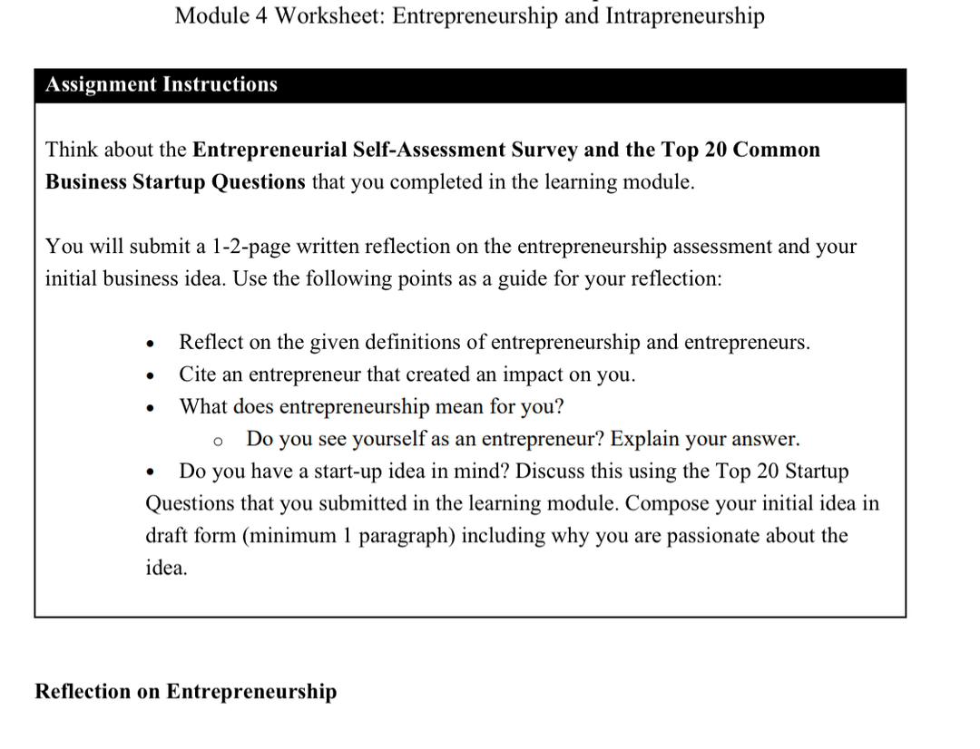 Solved Module 4 Worksheet: Entrepreneurship And | Chegg.com