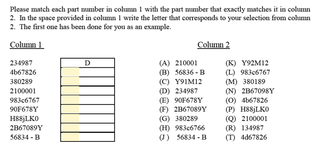 Solved Please match each part number in column 1 with the | Chegg.com