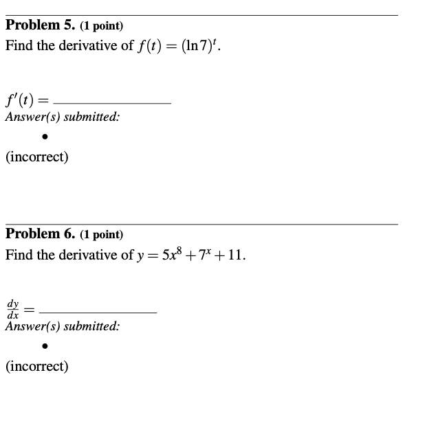 Solved Find The Derivative Of F T Ln7 T F′ T − Answer S