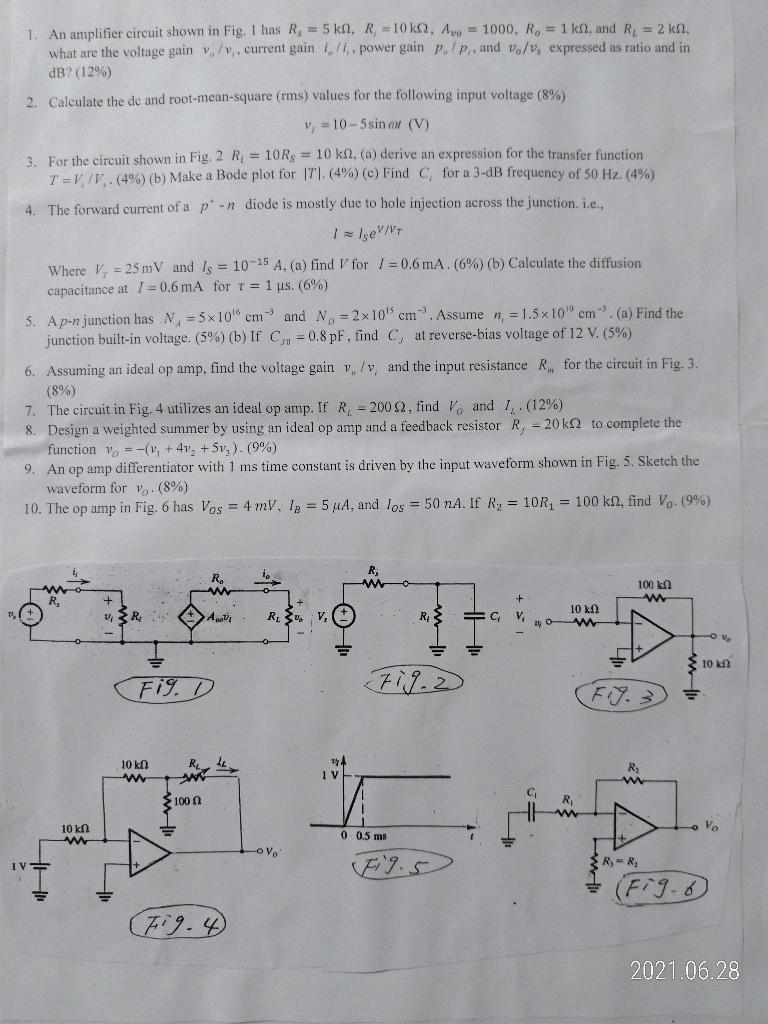 Solved 1. An amplifier circuit shown in Fig. 1 has R$ = 5 | Chegg.com